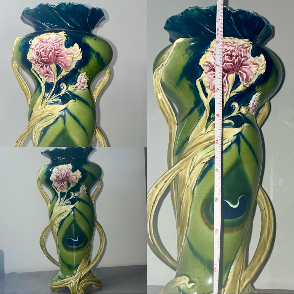 Floral Art Nouveau Majestic Vase in Green and Pink
